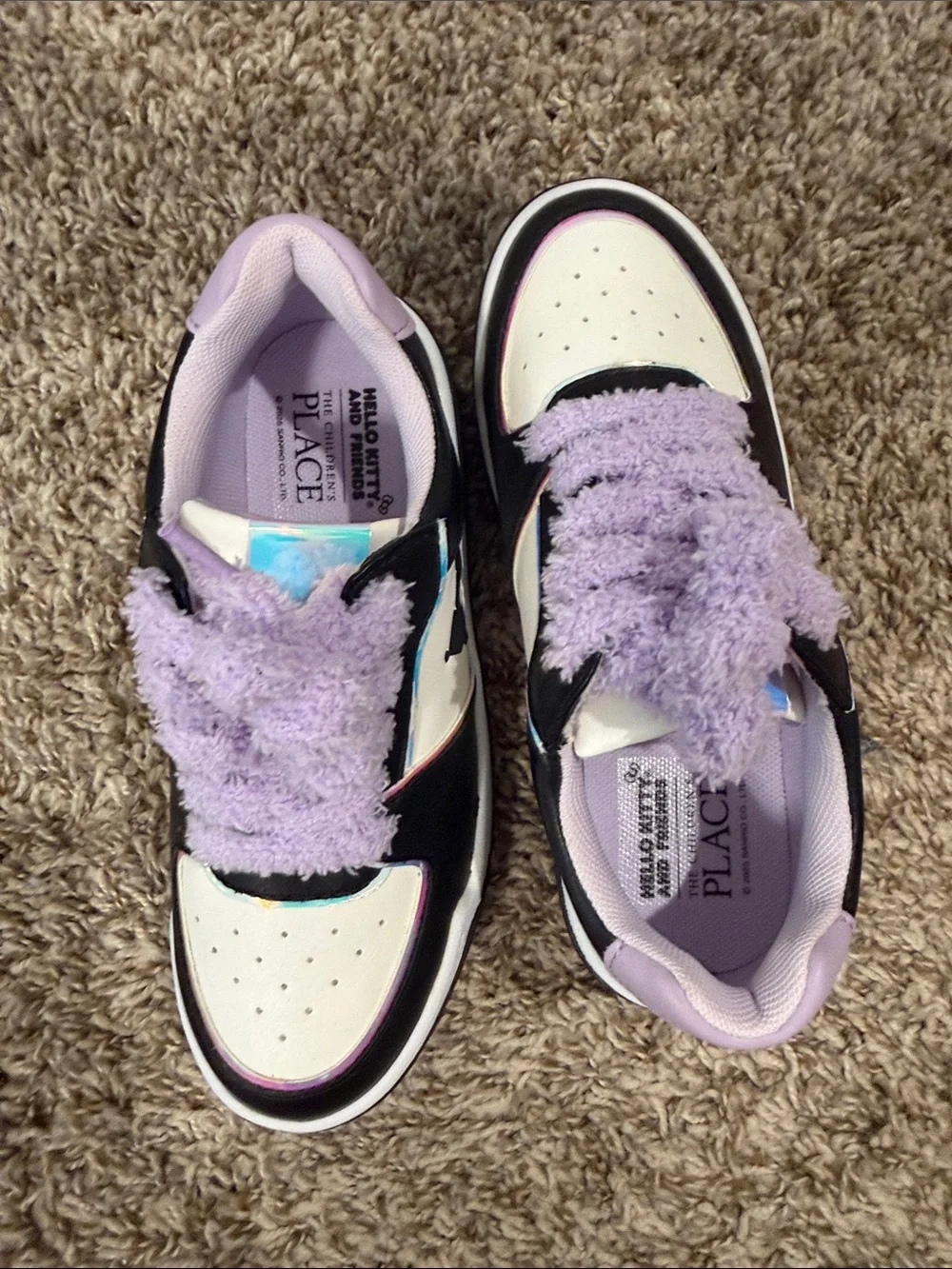 The Children's Place Black & White Kids Sneakers with Lilac Fuzzy Laces
